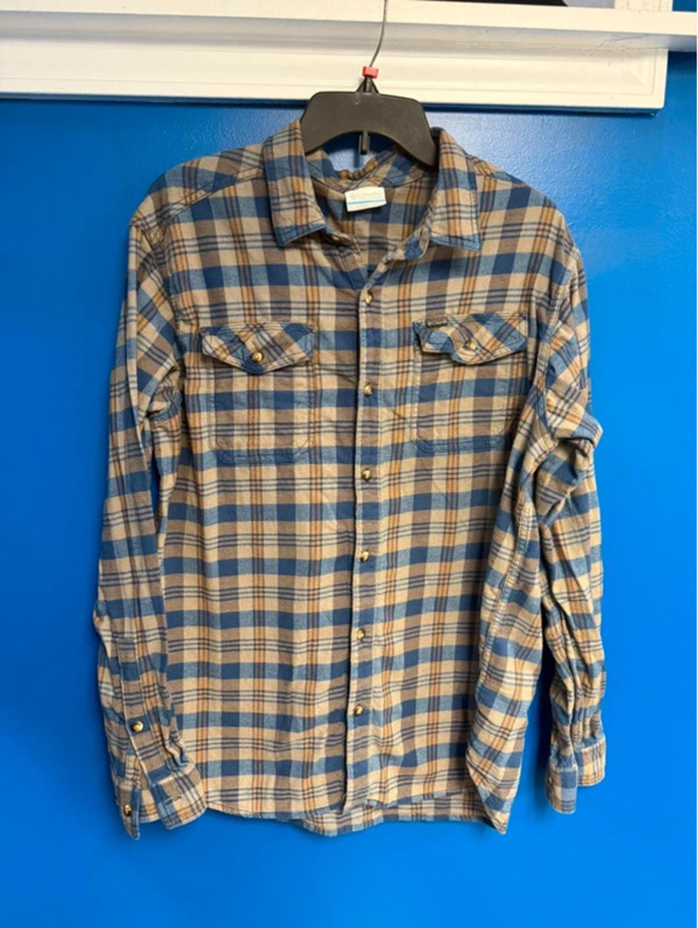 Columbia Sportswear Long Sleeve Plaid Flannel Button Down Shirt Mens XL Blue Tan